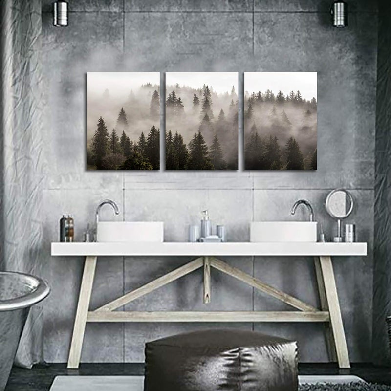 Hardy Gallery Foggy Forest Picture Wall Art: Landscape Painting Misty Pine Trees Artwork Print on Canvas for Kids Rooms(16"x12"x3pcs) - Image 4